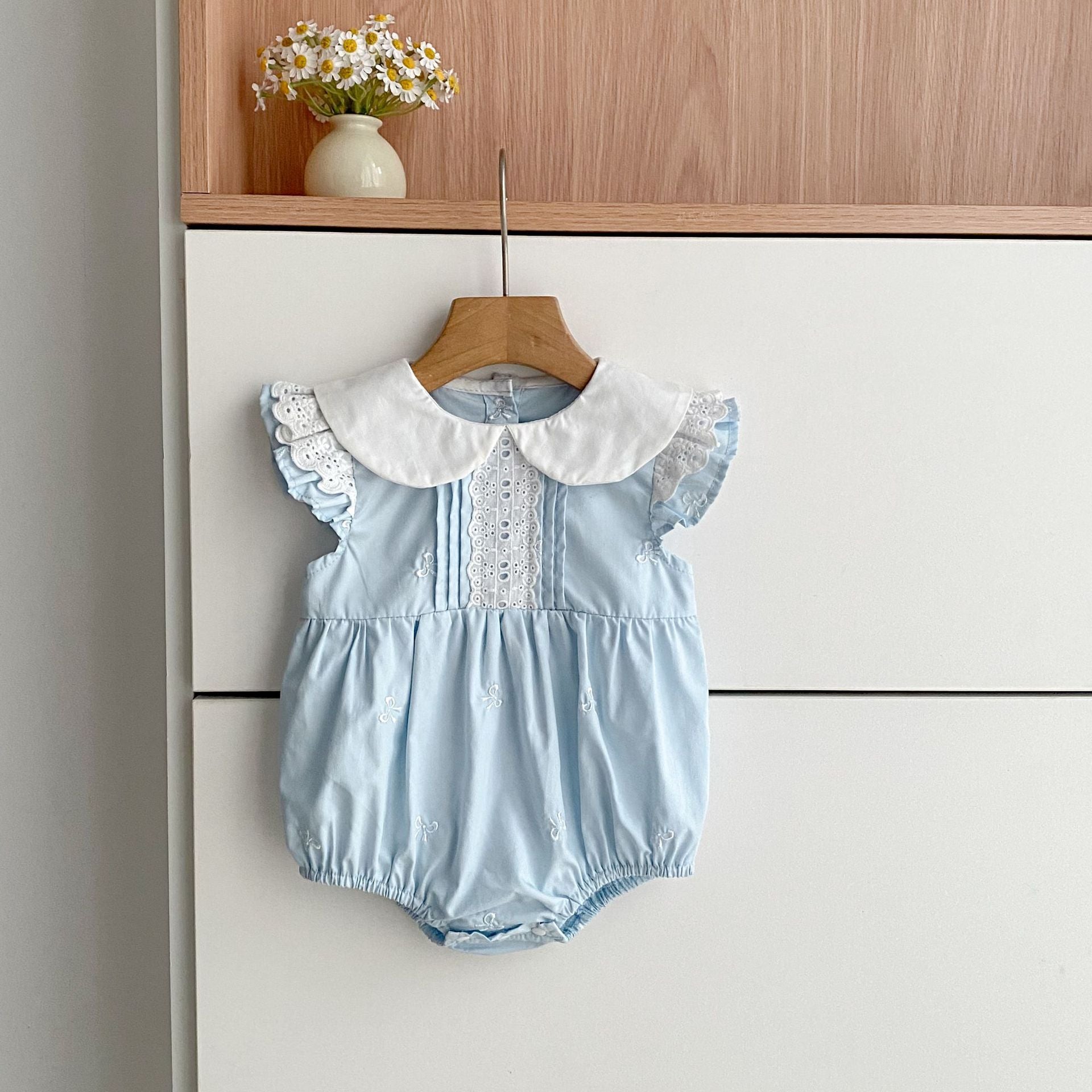 Summer Girls Simple Embroidered Pattern Peter Pan Collar Onesies and Dress – Princess Sister Matching Set, MyKids-USA®, Baby & Toddler Outfits, MyKids-USA - Size/Age - 66 (3-6M) - Color - Light Blue -  -  - TR26034212221-C.
