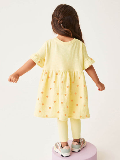 Summer Baby Kids Girls Polka Dots Yellow Dress And Pants 2-Piece Clothing Set