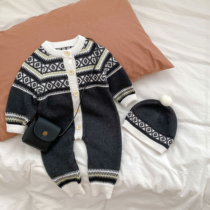 Geometric Pattern Unisex Baby Knitted Romper (No Hat)