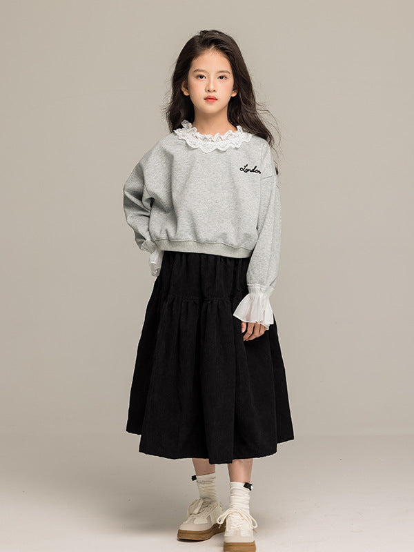 Arrival Autumn Kids Girls Long Sleeves Letters Pattern Lace Trim Top and Black Skirt Sets