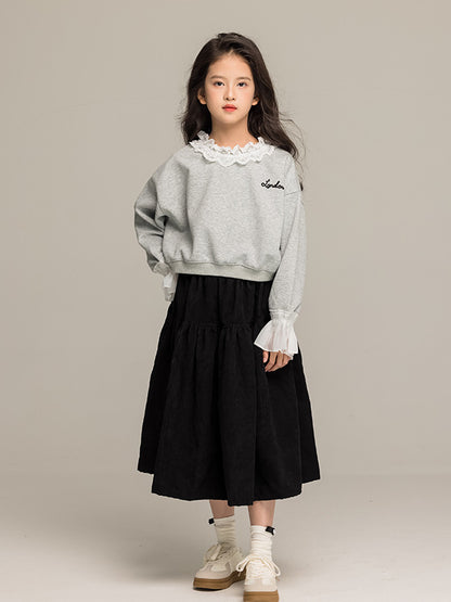 Arrival Autumn Kids Girls Long Sleeves Letters Pattern Lace Trim Top and Black Skirt Sets