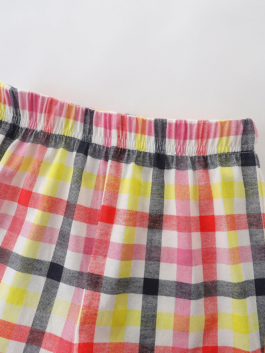 Arrival Summer Baby Kids Girls Fly Sleeves Cartoon Pattern T-shirt and Plaid Shorts Clothing Set