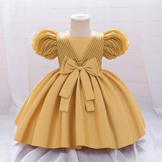 New Design Summer Baby Kids Girls Short Sleeves Striped Pattern Bow Tied Dress