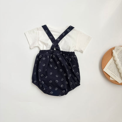 Summer Baby Kids Unisex Solid Color Short Sleeves T-shirt and Smiling Face Pattern Onesies Overalls Clothing Set, MyKids-USA®, Baby & Toddler Outfits, MyKids-USA -  -  -  -  -  -  - 