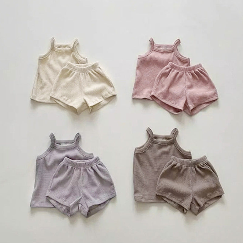 Baby Quality Waffle Knitted Fabric Sling Shirt Combo Shorts Sets