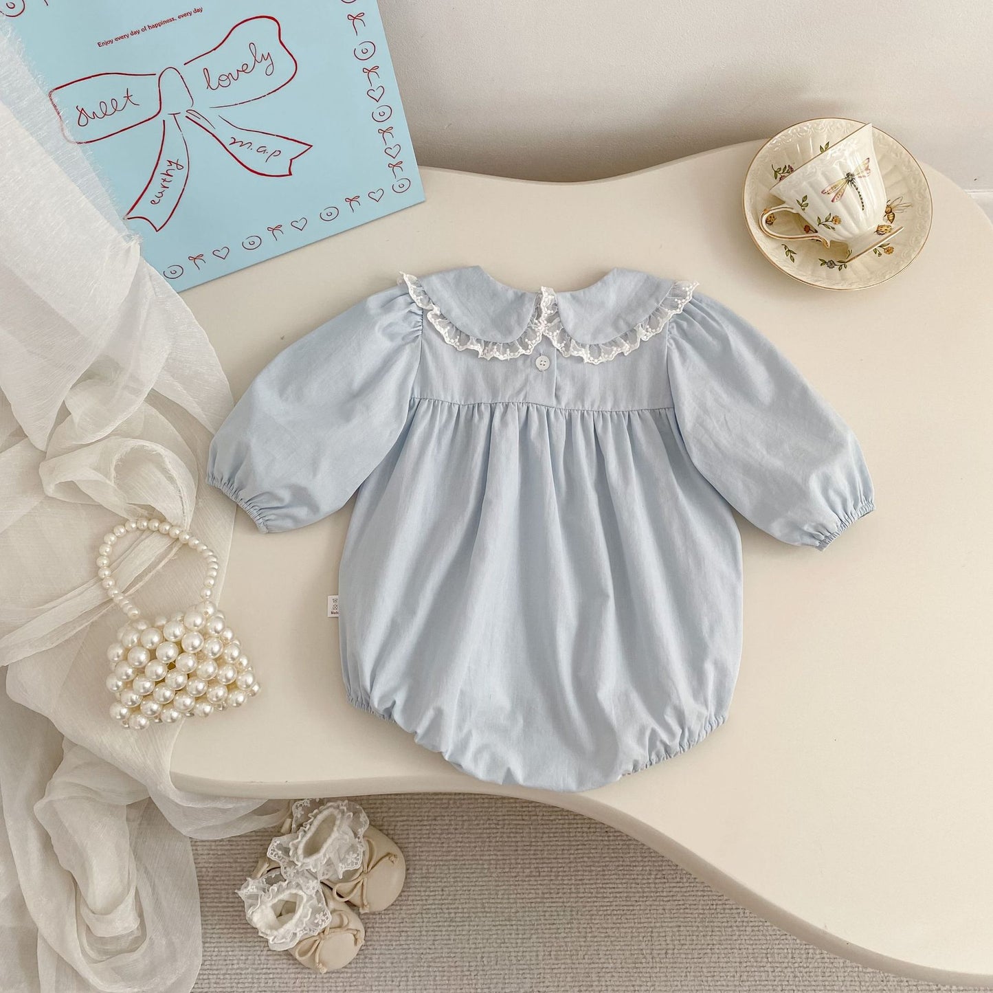 Arrival Spring Baby Girls Butterfly-bows Pattern Lace Trim Peter Pan Collar Bodysuit