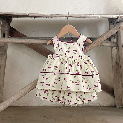 Summer Hot Selling Baby Girls Sleeveless Sweet Cherry Print Dress And Bloomers Clothing Set