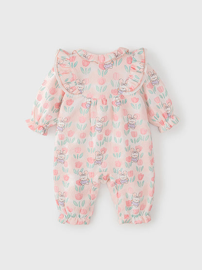 Autumn Arrival Baby Girls Flowers and Rabbits Pattern Single Breasted Romper with Cute Collar, MyKids-USA®, Baby One-Pieces, MyKids-USA -  -  -  -  -  -  - 