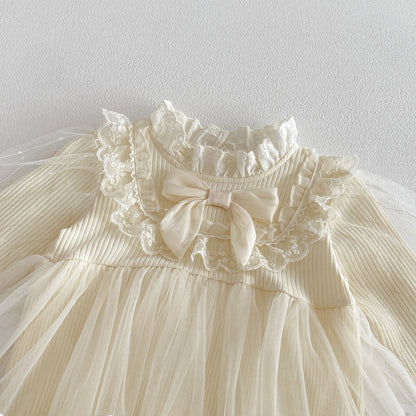 Spring Arrival Baby Girls Long Sleeves Lace Trim Tulle Decorated Bodysuit Dress, MyKids-USA®, Baby & Toddler Dresses, MyKids-USA -  -  -  -  -  -  - .
