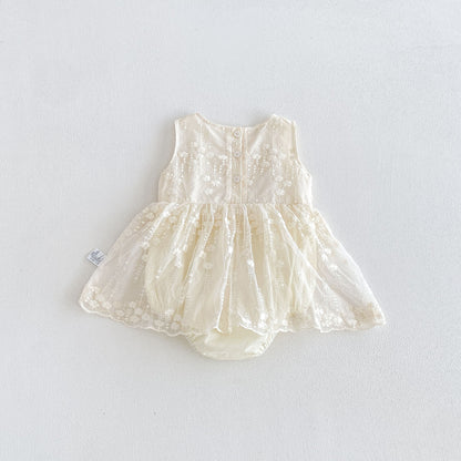 Design Summer Baby Kids Girls Sleeveless Flowers Embroidery Pattern Bodysuit Dress