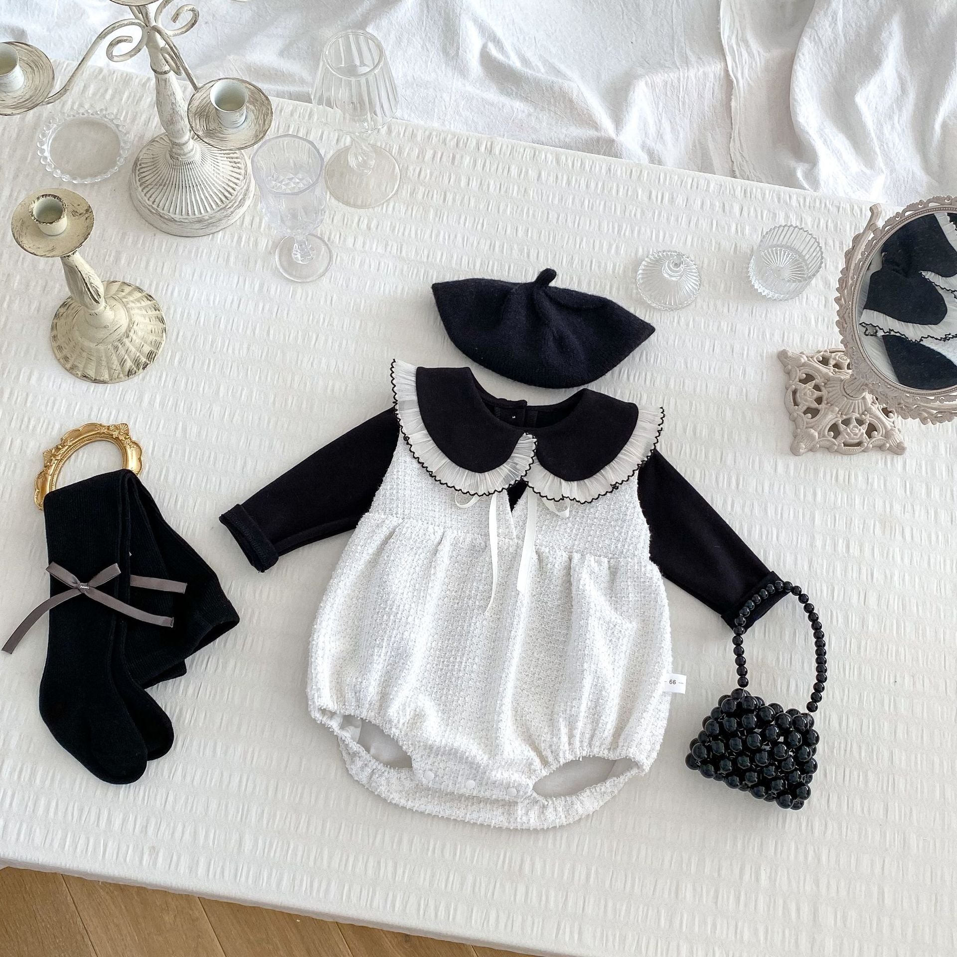 Arrival Spring Girls Long Sleeves Lace-trim Turn-down Collar Top and Sleeveless Onesies Set Clothing Set, MyKids-USA®, Baby One-Pieces, MyKids-USA - Size/Age - 66 (3-6M) - Color - White -  -  - TR2501062250-A