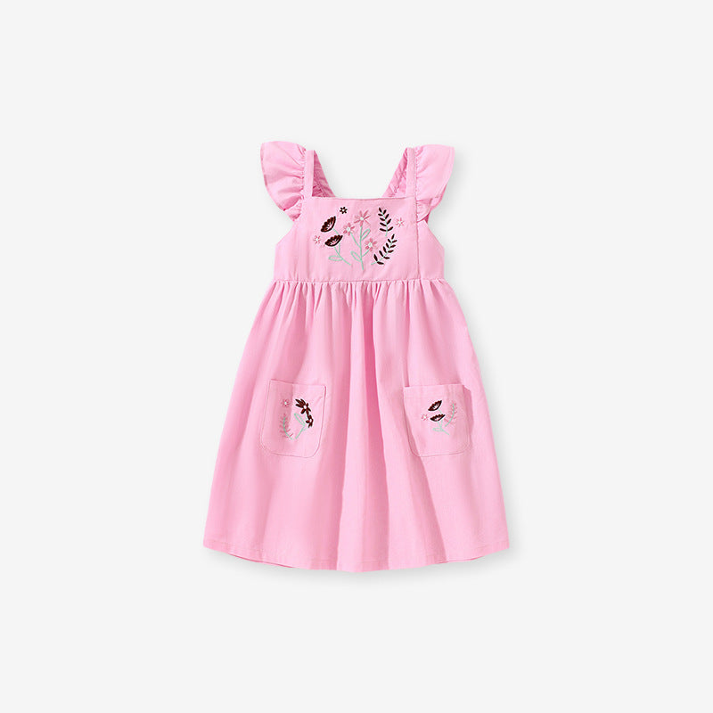 Baby Kids Girls Pink Square Neck Floral Embroidered Fly Sleeves Strap Dress
