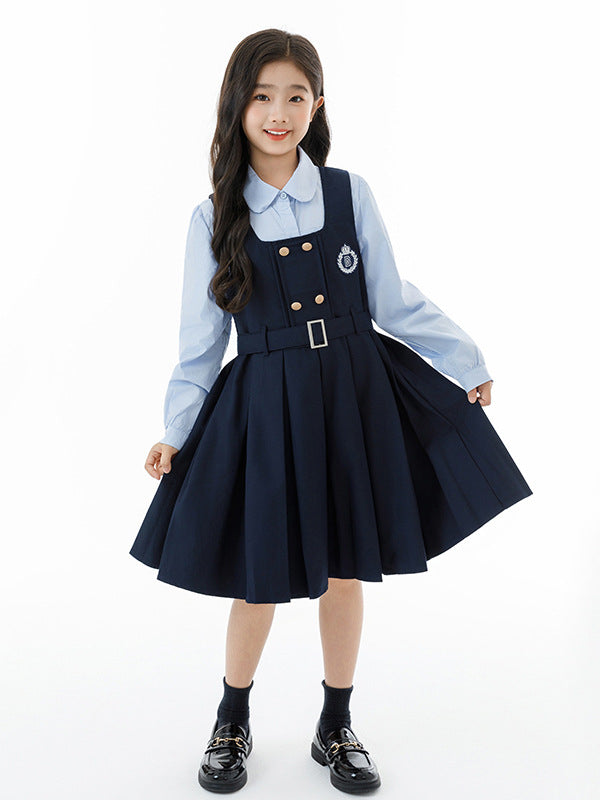 Arrival Autumn Kids Girls Long Sleeves Solid Color Shirt and Preppy Sleeveless Dress Clothing Set