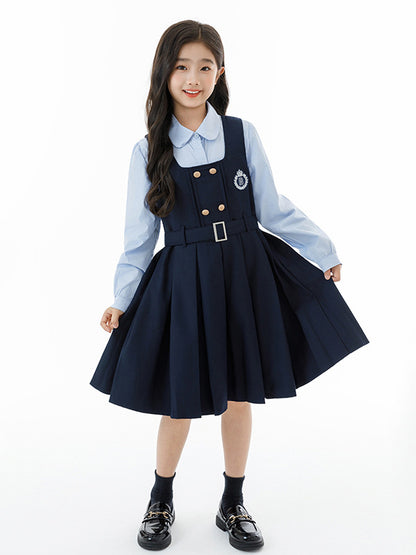 Arrival Autumn Kids Girls Long Sleeves Solid Color Shirt and Preppy Sleeveless Dress Clothing Set