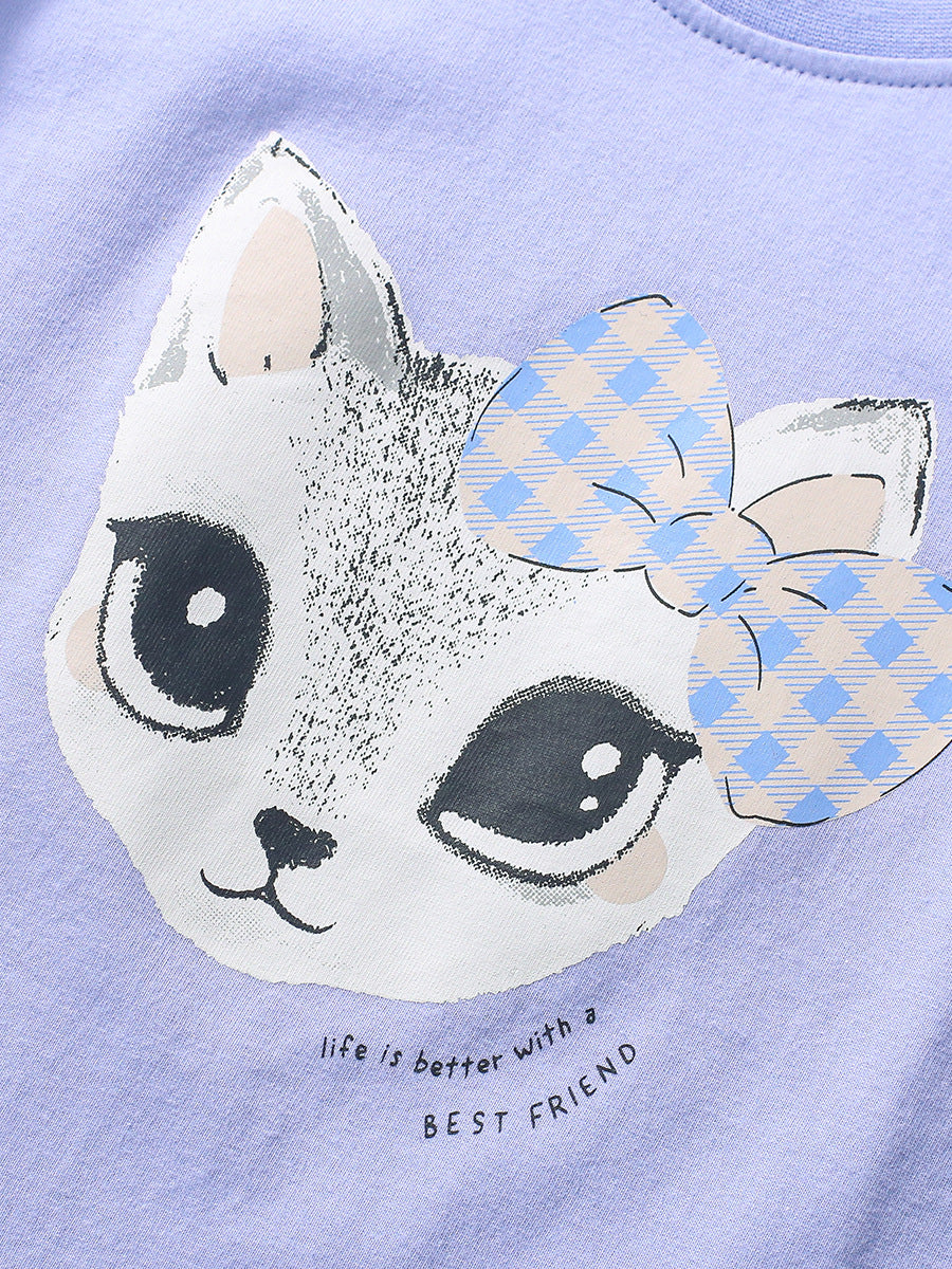 Girls’ Cute Cat Print Fly Sleeves T-Shirt In European And American Style For Summer