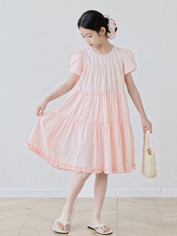 Summer Arrival Short Sleeves Patchwork Design Plain Dress for Stylish Girls