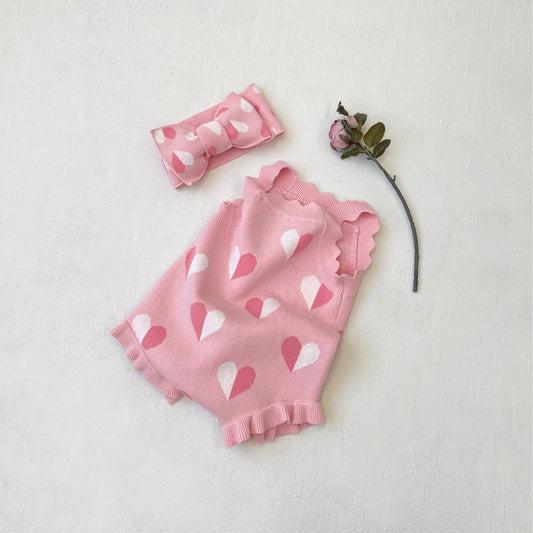 Arrival Autumn and Spring Baby Girls Cute Heart Pattern Knitted Sleeveless Bodysuit with Headband Set, MyKids-USA®, Baby & Toddler Outfits, MyKids-USA - Size/Age - 66 (3-6M) - Color - Pink -  -  - TR2602050933-A.