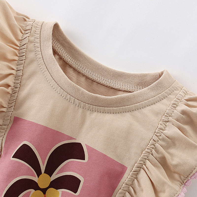 Summer Arrival Girls’ Palm Tree Cartoon Pattern Fly Sleeves T-shirt in European and American Style, MyKids-USA®, Baby & Toddler Tops, MyKids-USA -  -  -  -  -  -  - 