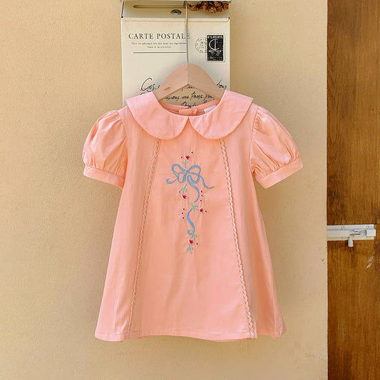 Summer New Arrival Baby Kids Girls Short Sleeves French Style Floral Pattern Embroidery Princess Dress