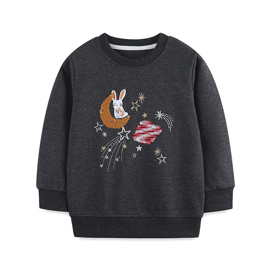 Autumn and Spring Arrival Sequins Cartoon Pattern Long Sleeves Pullover for Stylish Girls