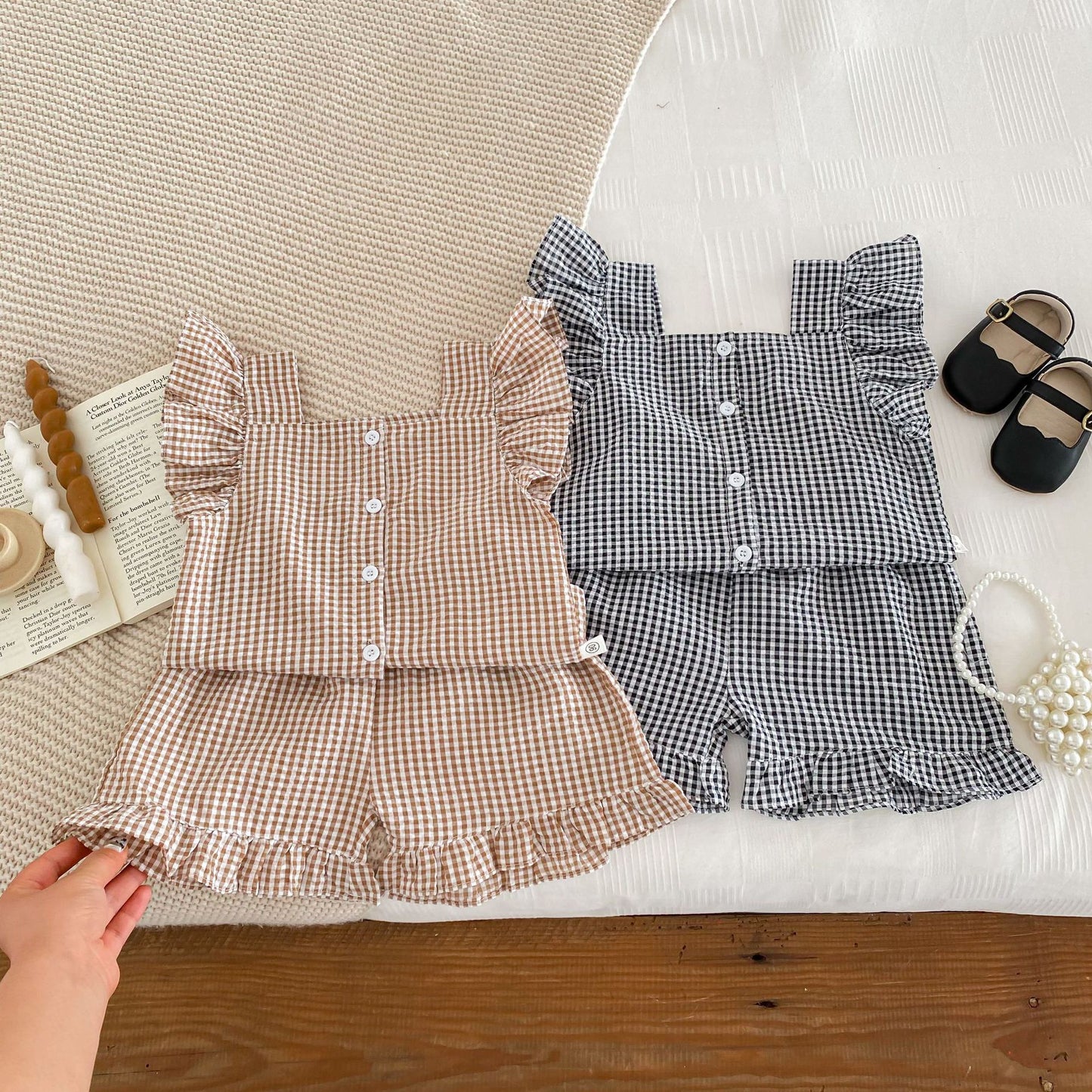 Summer Baby Kids Girls Plaid Shirt And Shorts Clothing Set