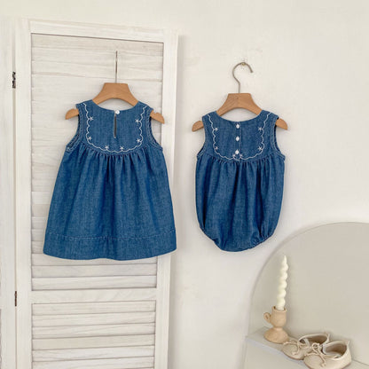 Summer Girls Flowers Pattern Denim Bodysuit and Dress – Princess Sister Matching Set, MyKids-USA®, Baby & Children's Outfits, MyKids-USA -  -  -  -  -  -  - .