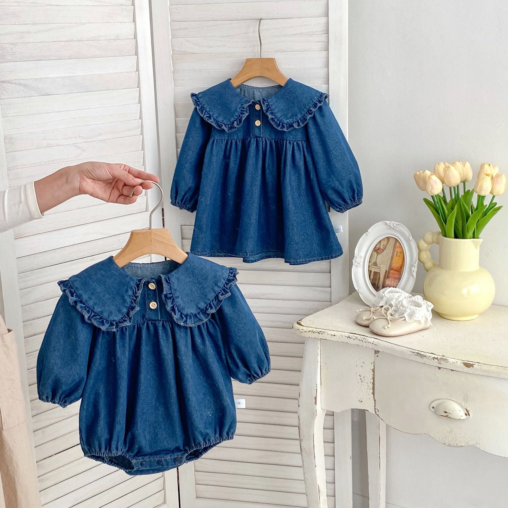 MyKids-USA® Baby Girls Blue Denim Long-sleeved bodysuit or Dress