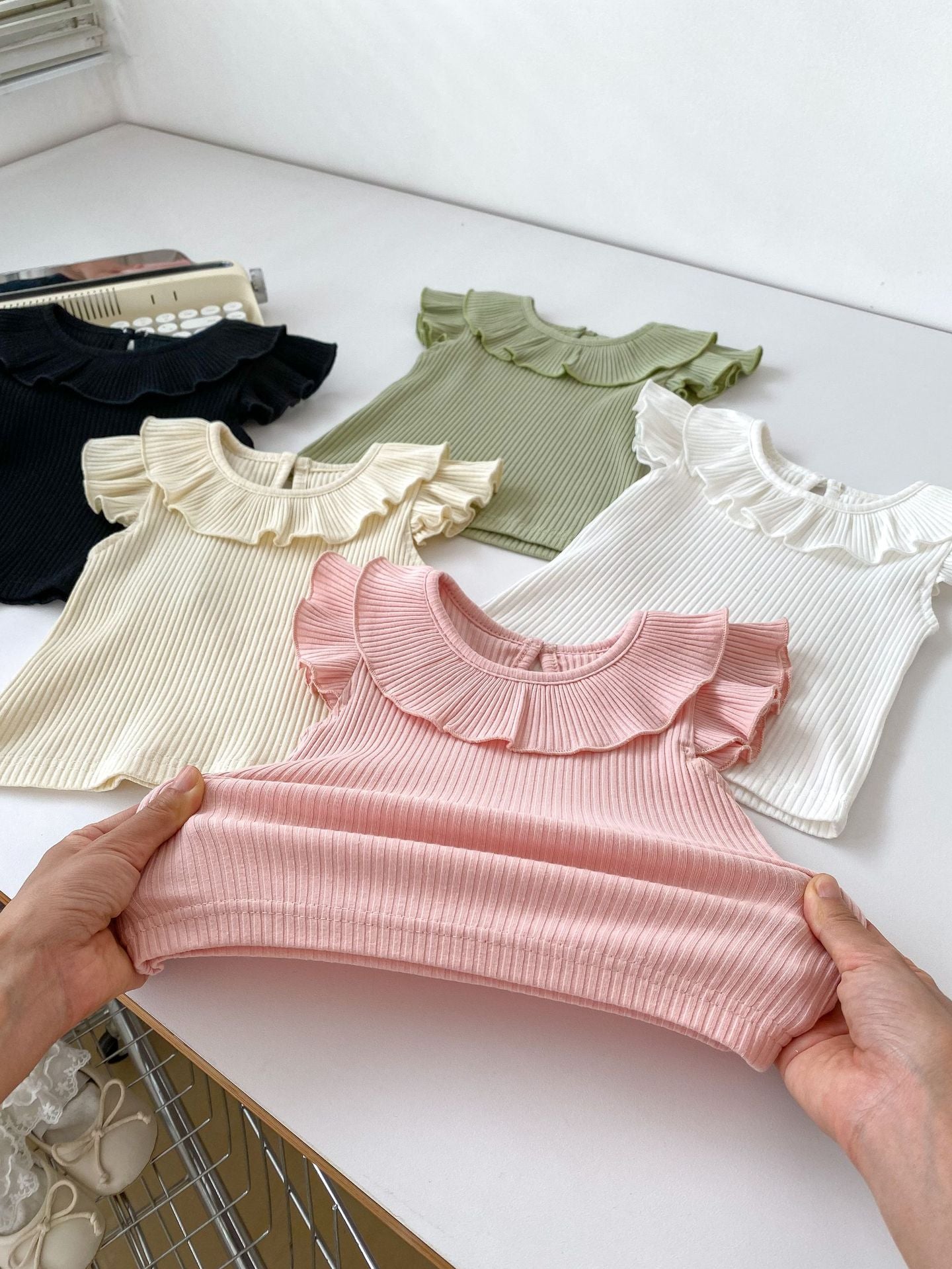 Summer Collection: Girls’ Fly Sleeves Ruffle Collar Solid Color Top