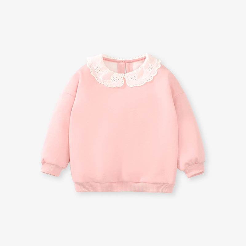 Baby Girls Kids Cute Lace Trim Peter Pan Collar Long Sleeve Pullover Top, MyKids-USA®, Baby & Toddler Outerwear, MyKids-USA - Size/Age - 90 (12-24M) - Color - Pink -  -  - TR2311271459-C