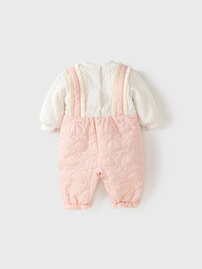 Winter Baby Thick Home Clothes Pink-White Patchwork Romper With Hat