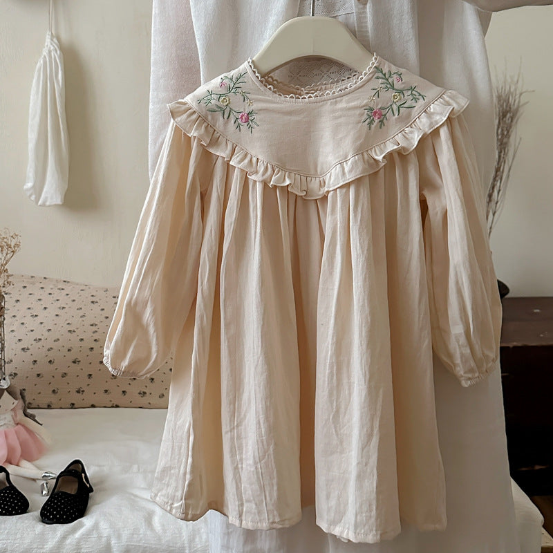 Arrival Autumn Girls Simple Ruffle Neck Long Sleeves Vine and Flowers Pattern Dress, MyKids-USA®, Baby & Toddler Dresses, MyKids-USA - Size/Age - 90 (12-24M) - Color - Beige -  -  - TR2408231046-A