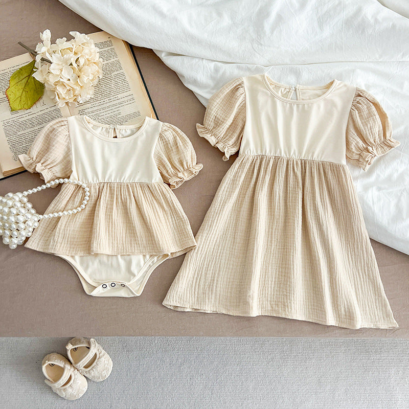 Summer Girls Apricot Patchwork Crew Neck Short Sleeves Onesies And Girls’ Dress – Simple Sister Matching Set, MyKids-USA®, Baby & Toddler Outfits, MyKids-USA -  -  -  -  -  -  - 