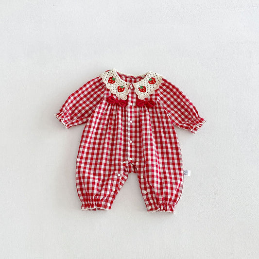 MyKids-USA® Autumn Arrival Baby Girls Long Sleeves Cute Strawberry Embroidered Collar Plaid Rompers