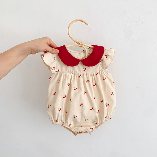 Summer Thin New Arrival Baby Girls Cherry Print Fly Sleeves Peter Pan Collar Onesies