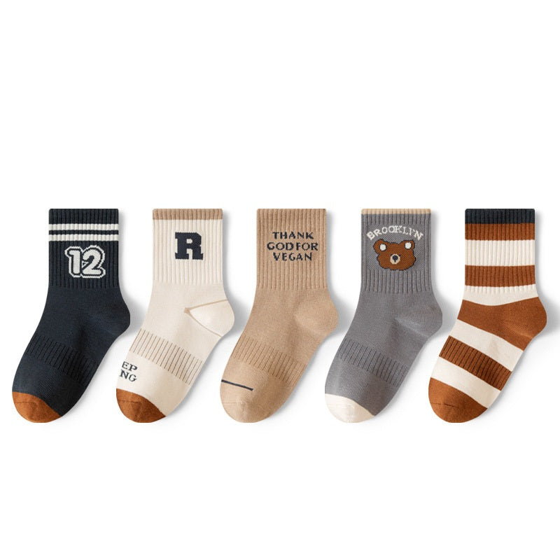 Autumn and Winter Arrival Baby Kids Boys Breathable Letters Pattern Socks 1 Lot=5-Pair Set, MyKids-USA®, Crew Socks, MyKids-USA - Size/Age - M (3-5Y) - Color - Grey -  -  - TR2511202341-B