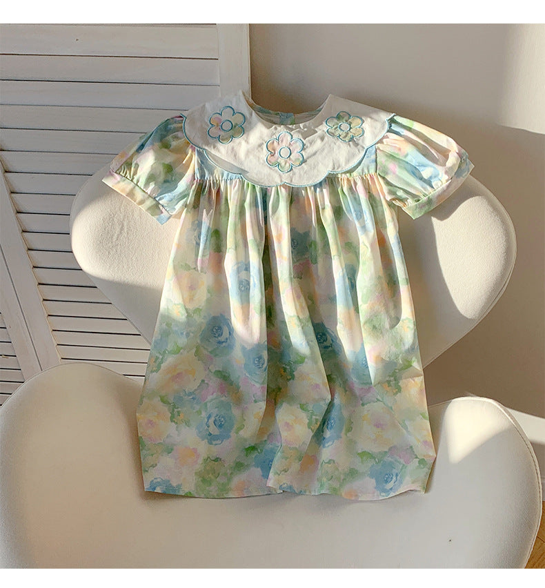Summer Baby Kids Girls Short Sleeves Oil-Painting Flowers Pattern Dress, MyKids-USA®, Baby & Toddler Dresses, MyKids-USA -  -  -  -  -  -  - 