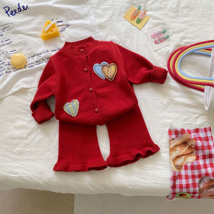 Winter and Autumn Baby Kids Girls Hearts Pattern Long Sleeves Cardigan and Flared Pants Knitted Clothing Set, MyKids-USA®, Baby & Toddler Outfits, MyKids-USA - Size/Age - 66 (3-6M) - Color - Red -  -  - TR2510202348-B