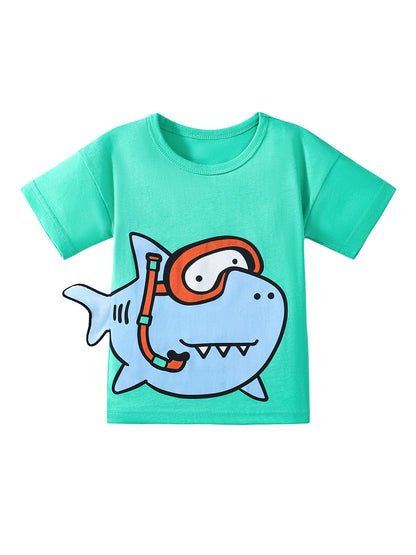 Kids’ Shark Cartoon Pattern Short Sleeves T-shirt in European and American Style for Summer, MyKids-USA®, Baby & Toddler Tops, MyKids-USA - Size/Age - 90 (12-24M) - Color - Green -  -  - TR2412092301-A