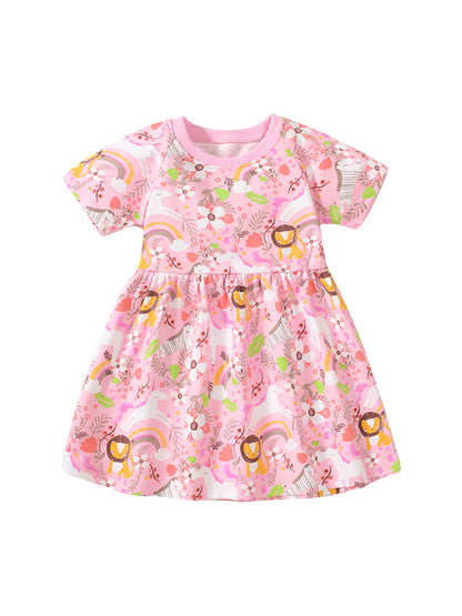 Spring And Summer Baby Girls Short Sleeves Rainbow Animals Floral Cartoon Dress