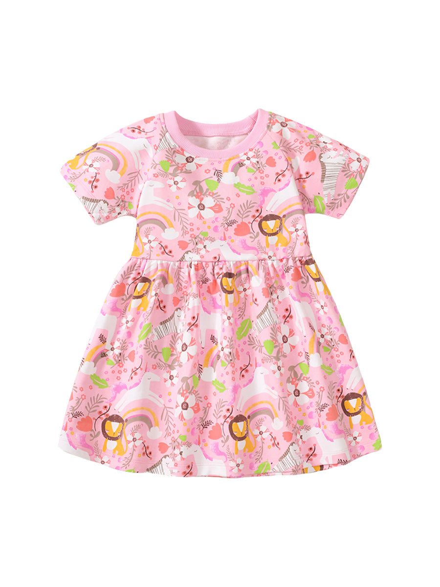 Spring And Summer Baby Girls Short Sleeves Rainbow Animals Floral Cartoon Dress, MyKids-USA®, Baby & Toddler Dresses, MyKids-USA - Size/Age - 90 (12-24M) - Color - Pink -  -  - TR2312061425-A