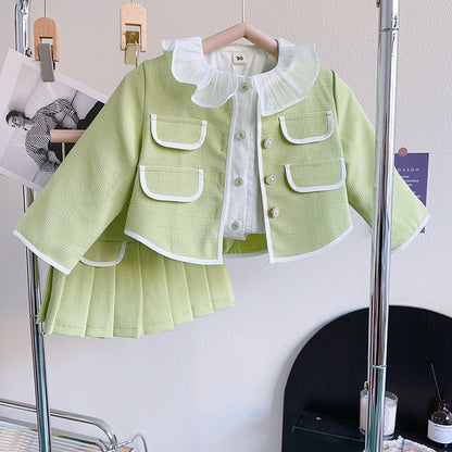 Girls Solid Green Ruffle Lace Neck Pockets Cardigan&Skirt Casual Sets