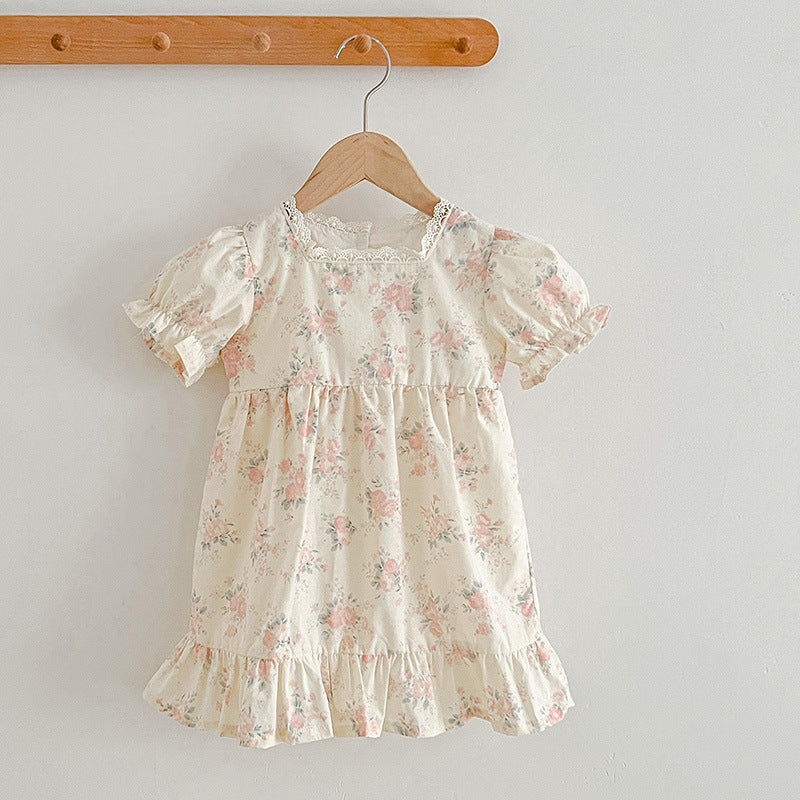 Summer Girls Floral Pattern Square Neck Onesies And Girls’ Dress – Princess Sister Matching Set, MyKids-USA®, Baby & Toddler Outfits, MyKids-USA - Size/Age - 66 (3-6M) - Color - Beige -  -  - TR2401231410-B