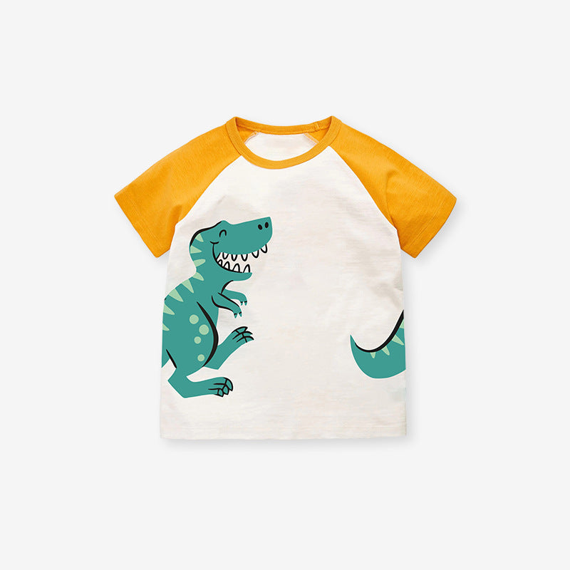 Cute Knit Round Neck Dinosaur Cartoon Kids’ T-Shirt In European And American Style For Summer