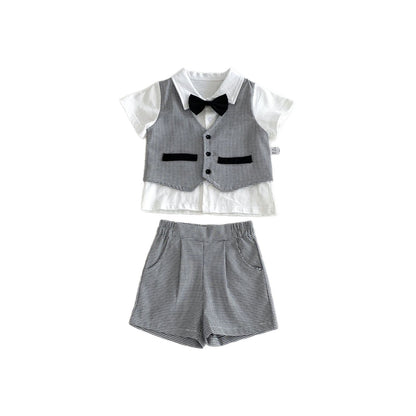 Arrival Summer Baby Kids Boys Short Sleeves Plain Shirt, Plaid Vest and Shorts Clothing Set