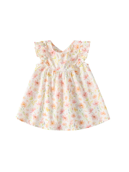 Summer Arrival Colorful Flowers Pattern Fly Sleeves Dress for Stylish Girls
