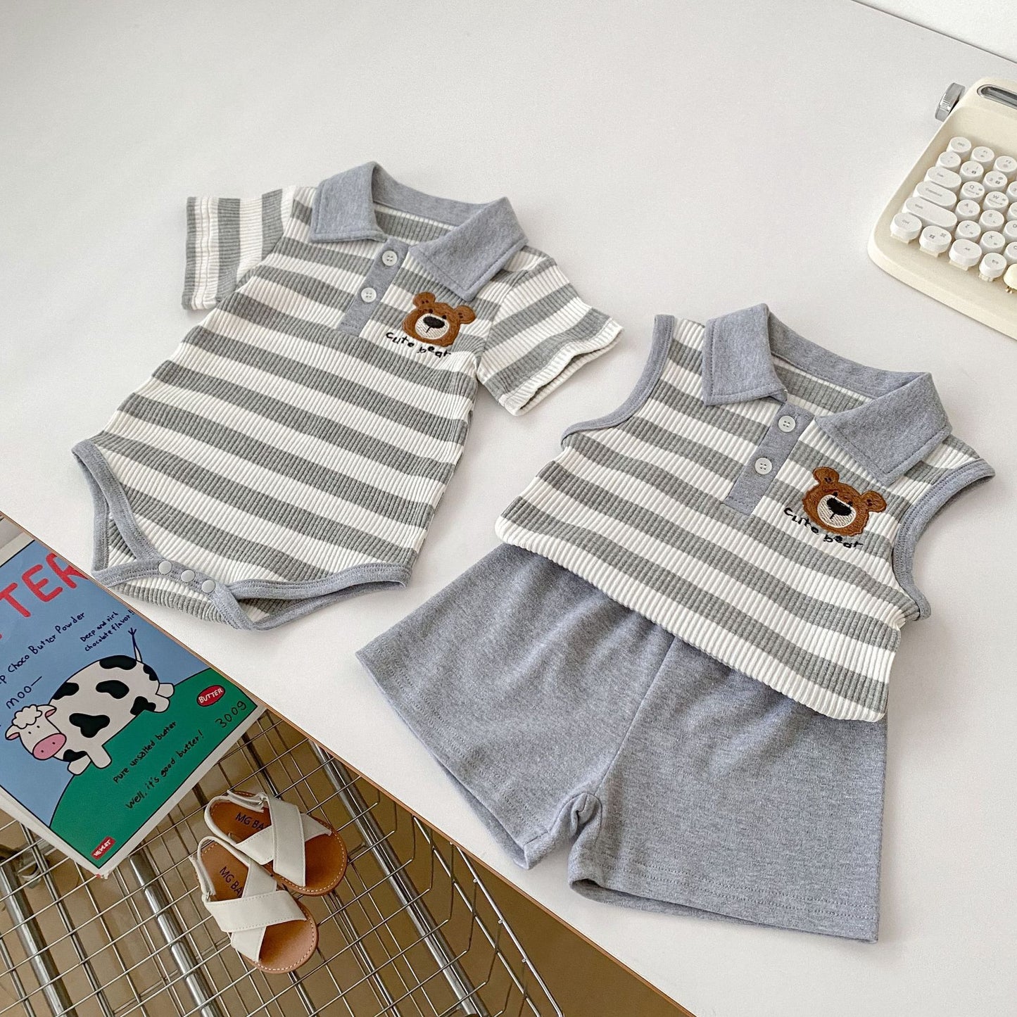 Summer Baby Kids Boys Striped Pattern Sleeveless Turndown Collar Top Vest And Shorts Clothing Set/ Short Sleeves Onesies
