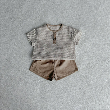 Summer Hot Selling Baby Kids Unisex Short Sleeves Plaid Pattern Shirt and Plain Shorts Clothing Set, MyKids-USA®, Baby & Toddler Outfits, MyKids-USA - Size/Age - 73 (6-9M) - Color - Brown -  -  - TR2505291718-B