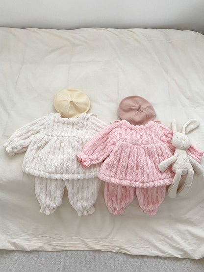 Winter Baby Girls Thick Thermal Long Sleeve Dress Design Sweater And Pants Two Pieces Sets