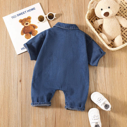 Autumn and Spring Arrival Baby Casual Pocketed Denim Rompers with Turn-down Collar, MyKids-USA®, Baby & Toddler Outfits, MyKids-USA -  -  -  -  -  -  - 