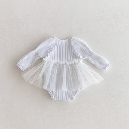 Autumn Arrival Baby Girls Long Sleeves Tulle Patchwork Solid Color Onesies, MyKids-USA®, Baby One-Pieces, MyKids-USA - Size/Age - 66 (3-6M) - Color - Beige -  -  - TR2511042358-A